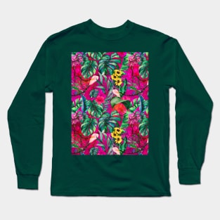 Cute tropical floral leaves botanical illustration, tropical plants,leaves and flowers, hot pink fuchsia leaves pattern Long Sleeve T-Shirt